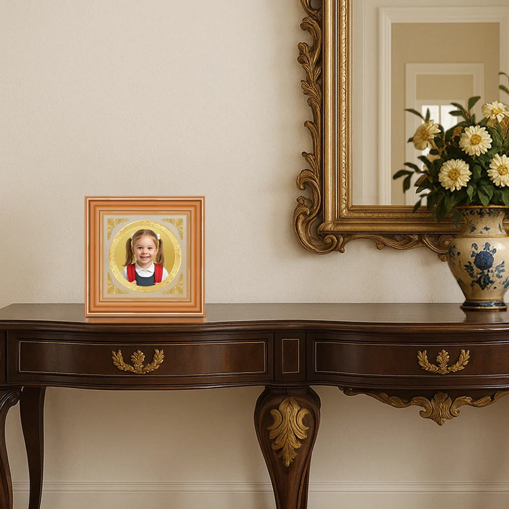 Portrait on gold frame placed on wooden shelf with modern interior styling
