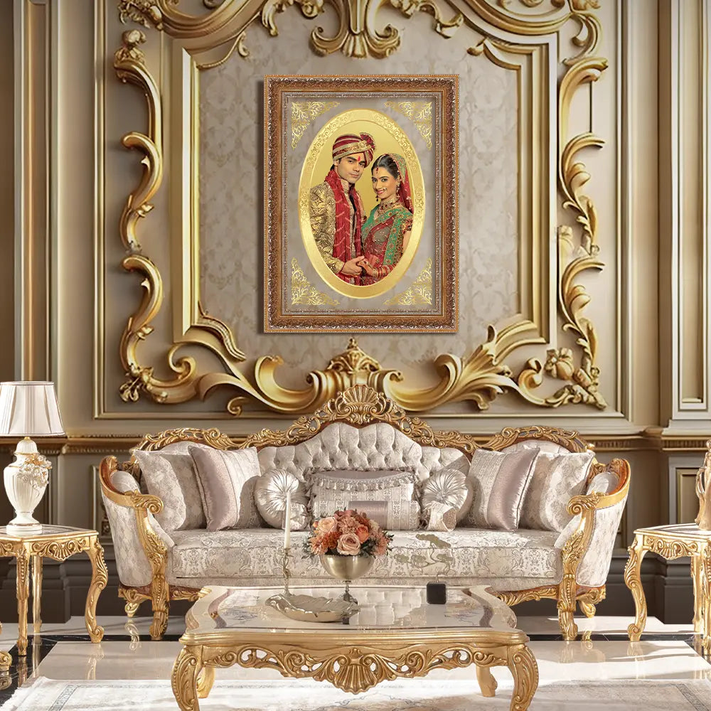 Portrait on Gold Oval Shaped 24k Gold Plated Foil Frame Displayed on Wall 