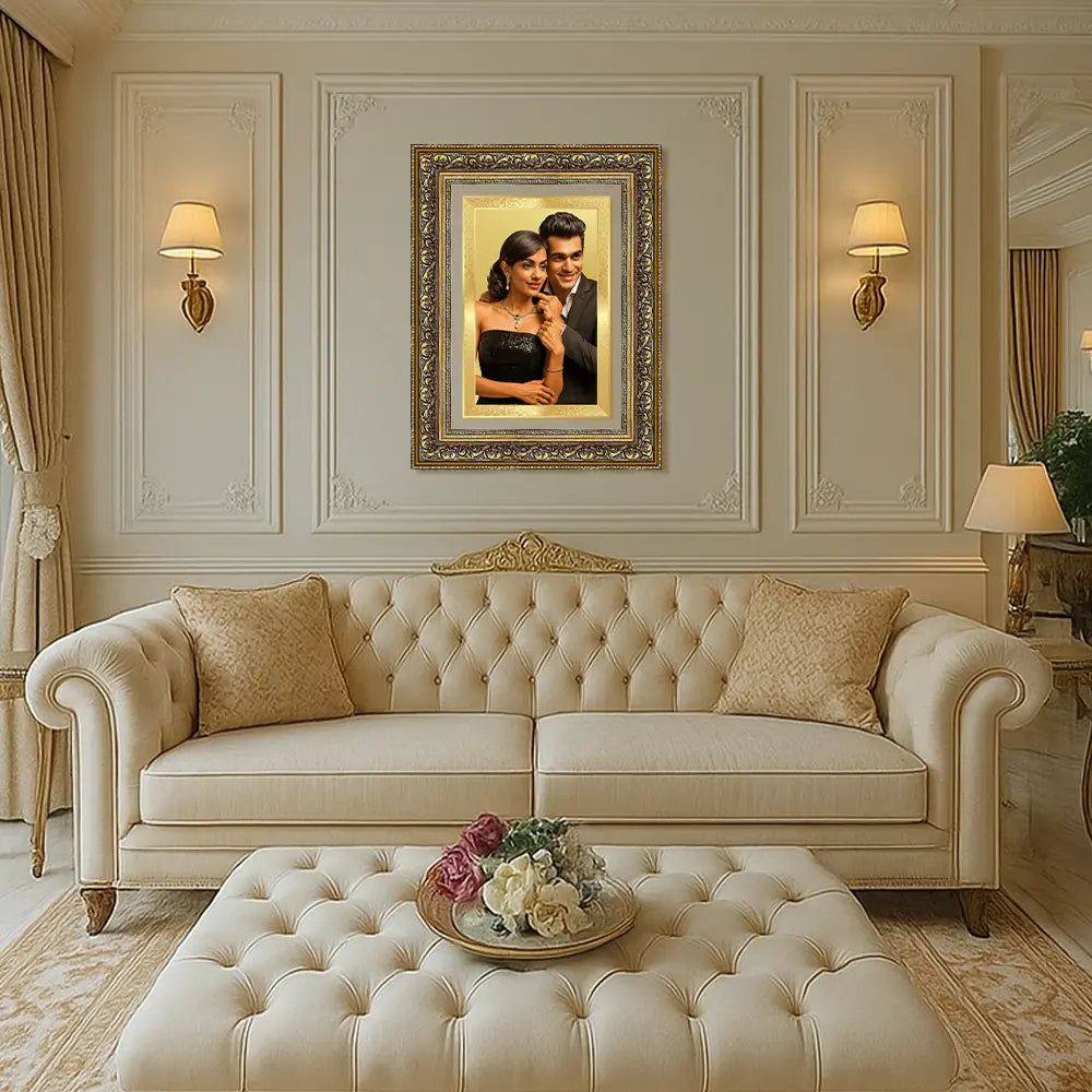 Portrait on Gold Rectangle Aurum Essence Frame Displayed On Wall 