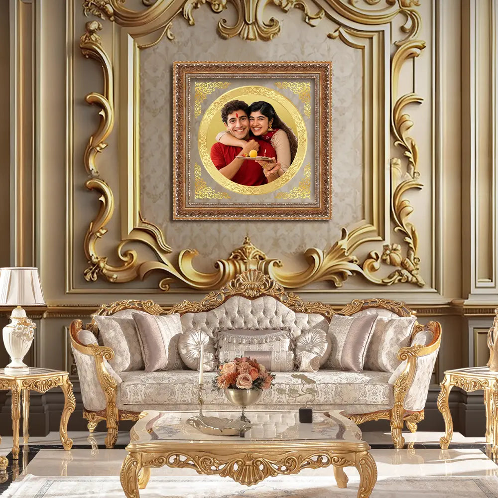 Portrait on Gold | 24K Plated Round Foil Photo Frame Displayed on Beautiful Interior Wall