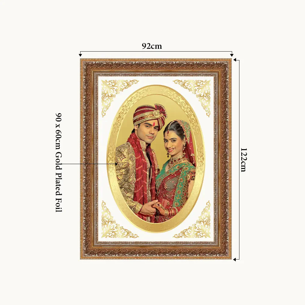 Showing Dimensions of Product Portrait on Gold Oval Shaped 24k Gold Plated Foil Frame