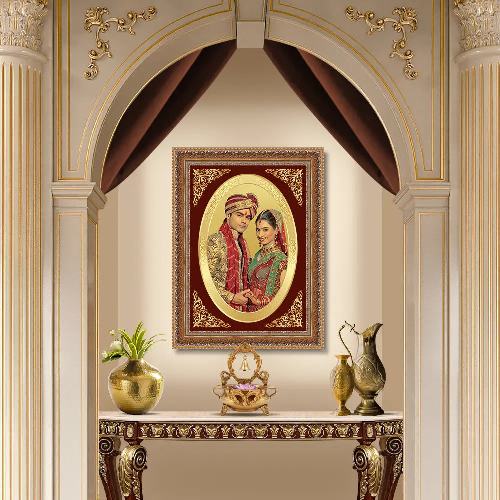 Portrait on Gold | Oval Shaped 24k Gold Plated Foil Frame Displayed On home Wall
